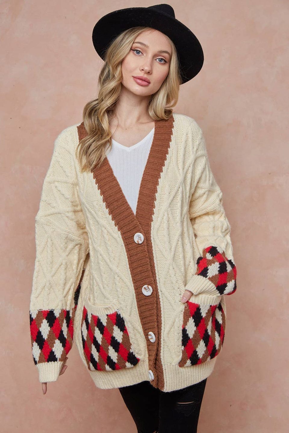 Cream Argyle Patterned Pocket Knit Sweater Cardigan