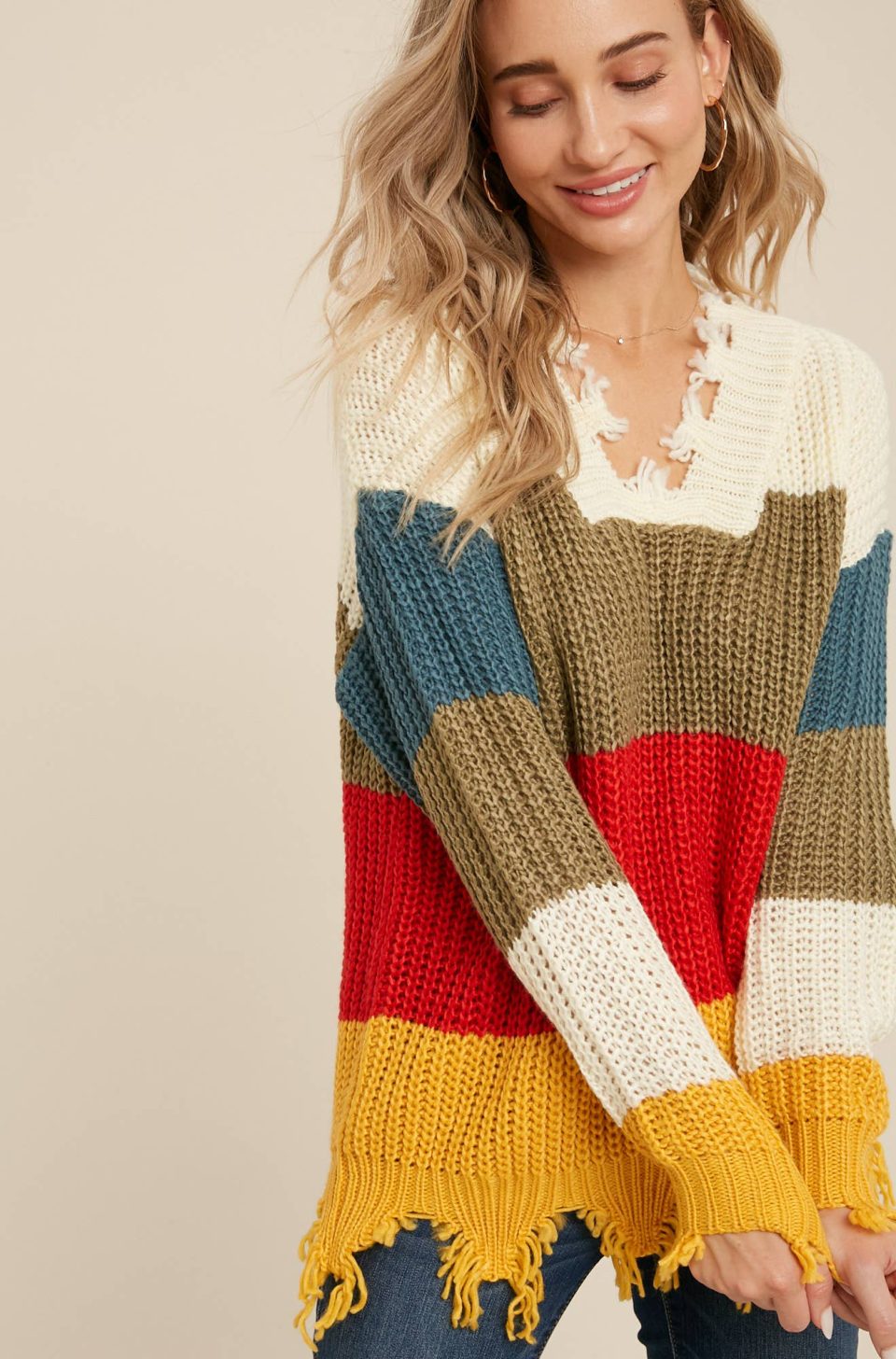 COLOR BLOCK V-NECK FRAYED SWEATER