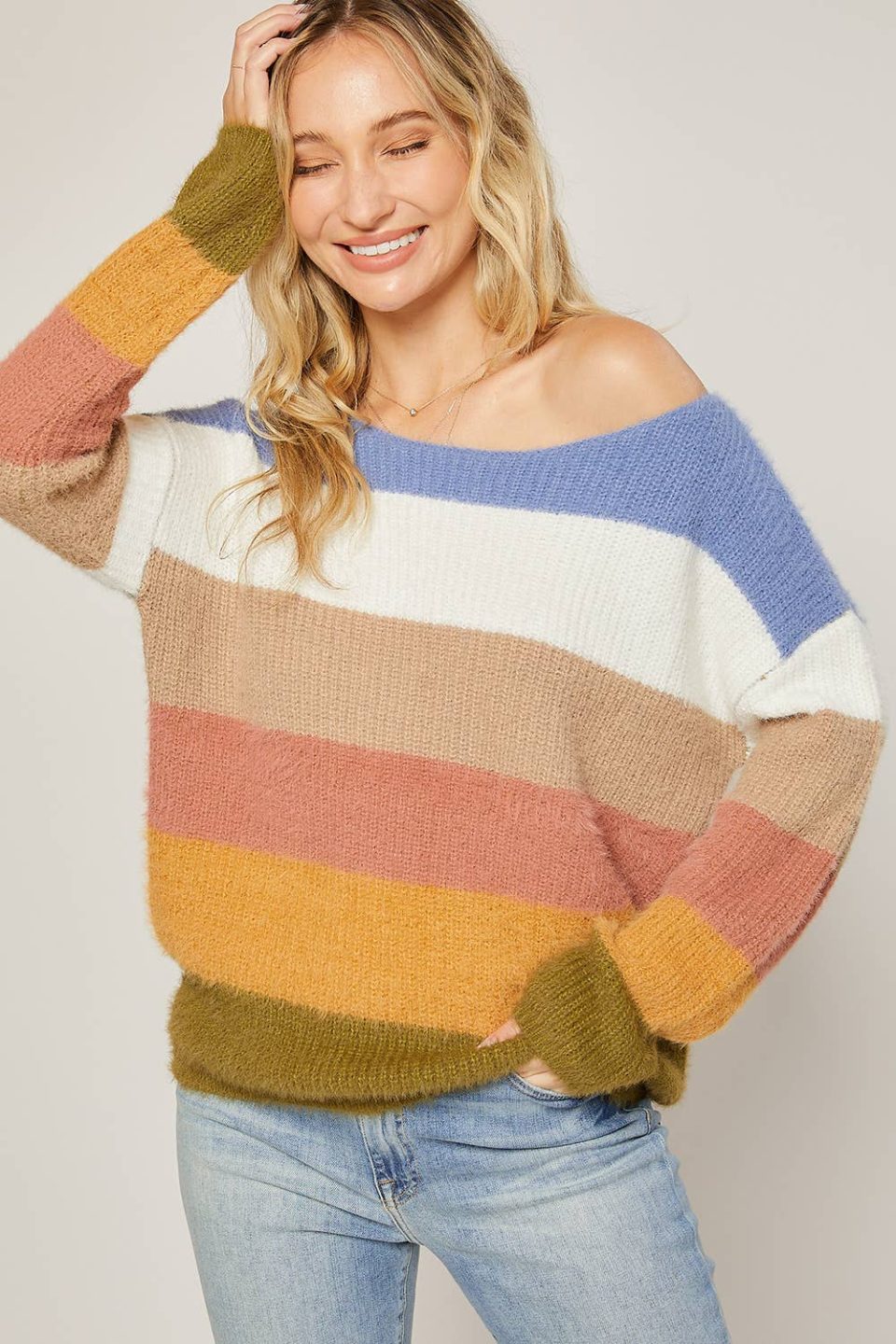 FUZZY KNIT COLOR BLOCK PULLOVER