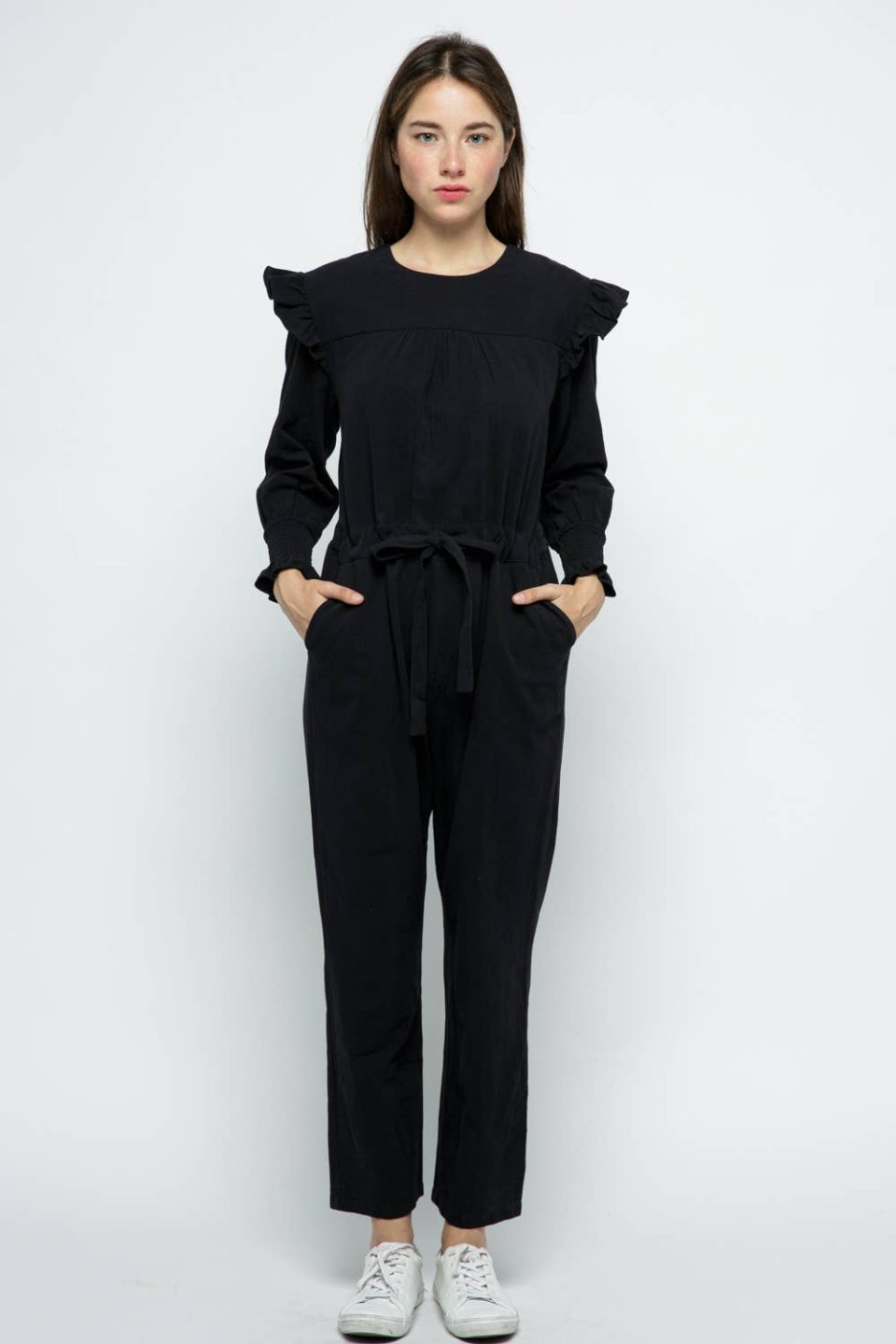LONG SLEEVE WITH SMOCKING CUFF RUFFLED JUMPSUIT
