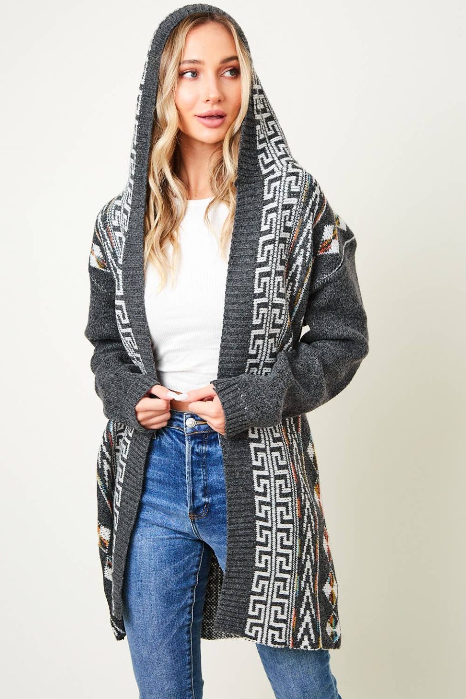 Grey Aztec Rainbow Print Hooded Cardigan