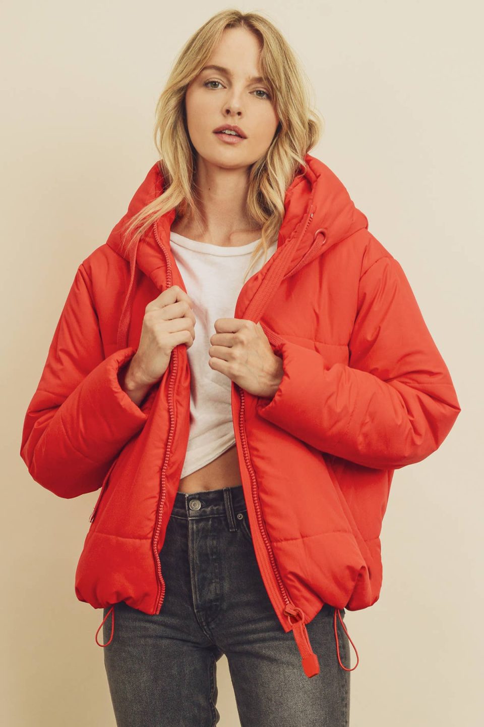 Drawstring Hem Hooded Puffer Jacket - Red