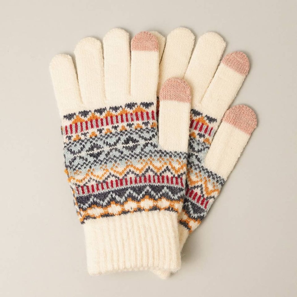 Aztec Pattern Soft Knit Gloves Cream