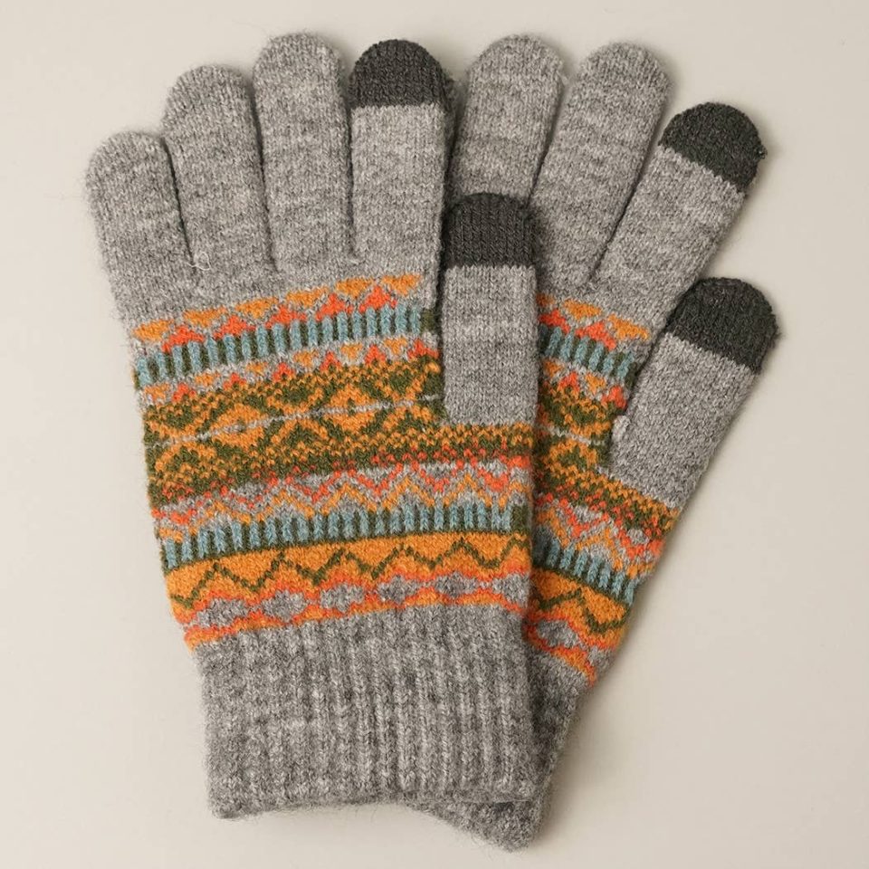 Aztec Pattern Soft Knit Gloves Grey