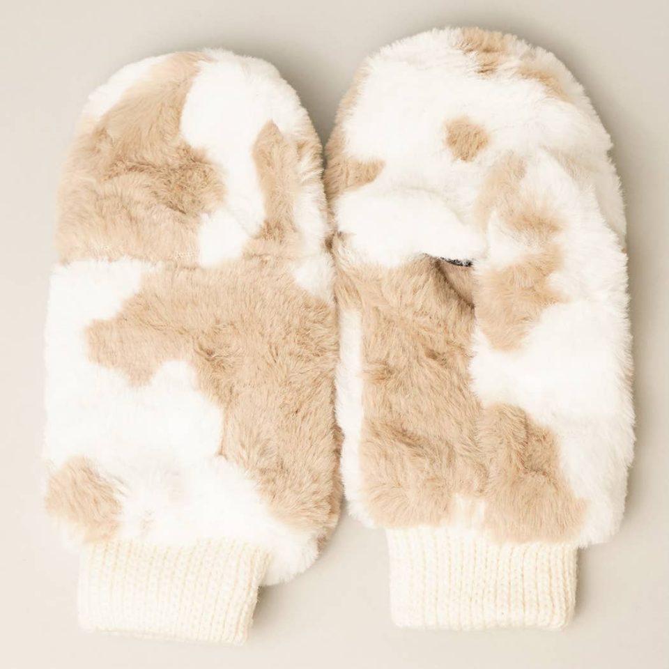 Cow Print Convertible Fingerless Faux Fur Mittens Tan
