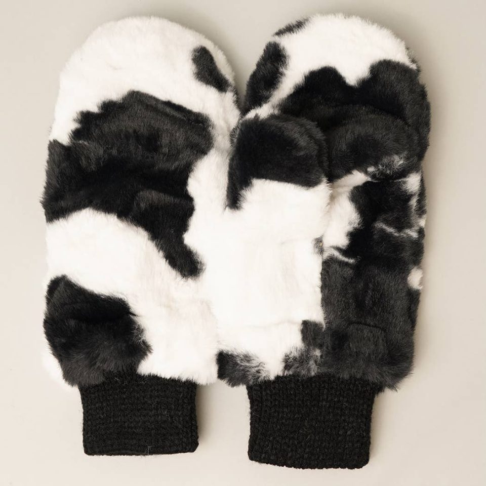 Cow Print Convertible Fingerless Faux Fur Mittens Black
