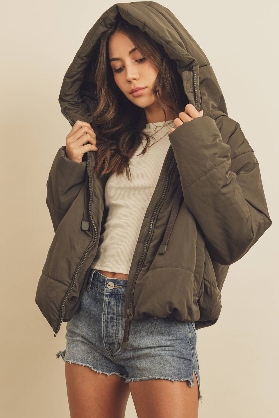 Drawstring Hem Hooded Puffer Jacket - Olive