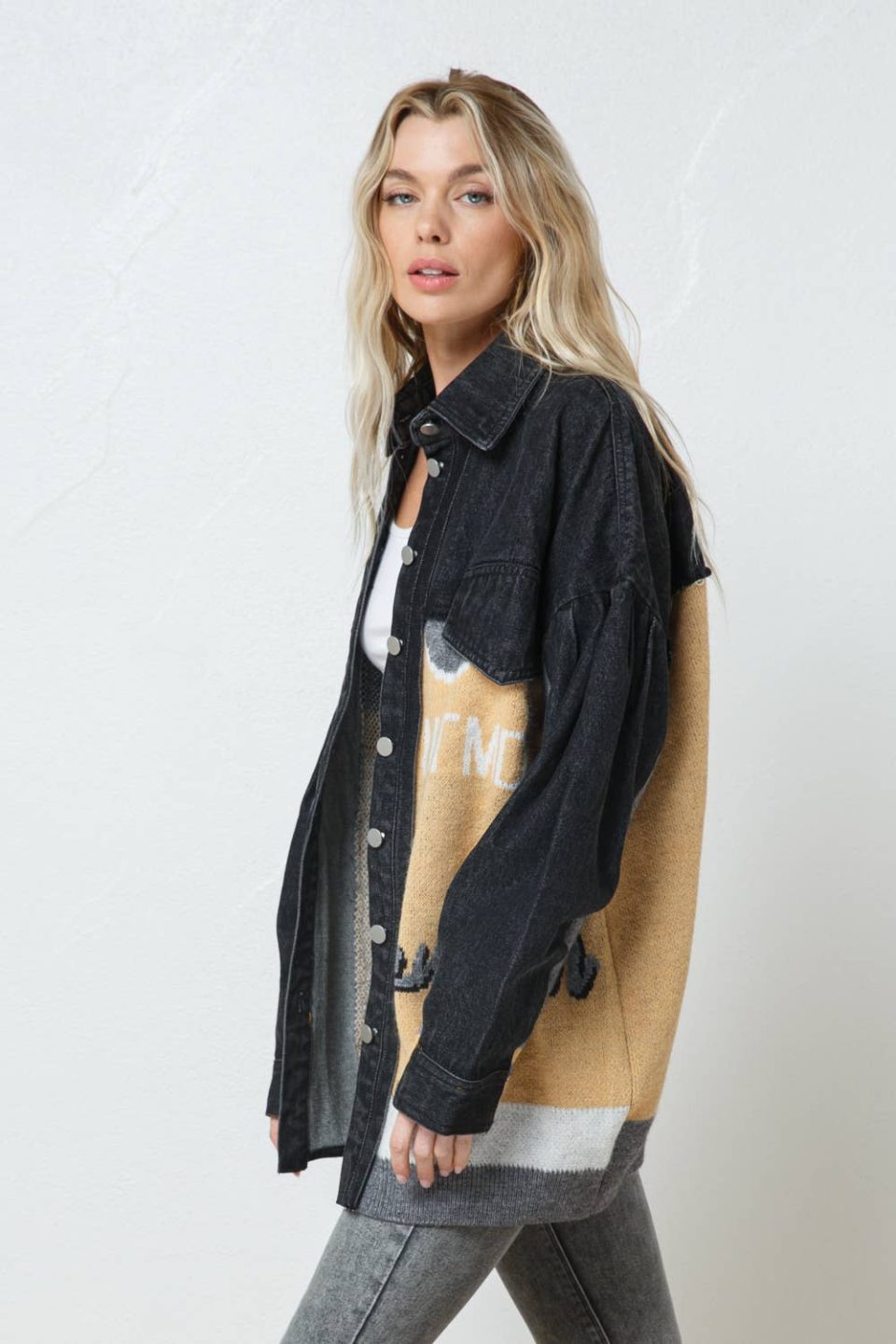 Denim Knit Mix Boyfriend Oversized Fit Button Up Jacket