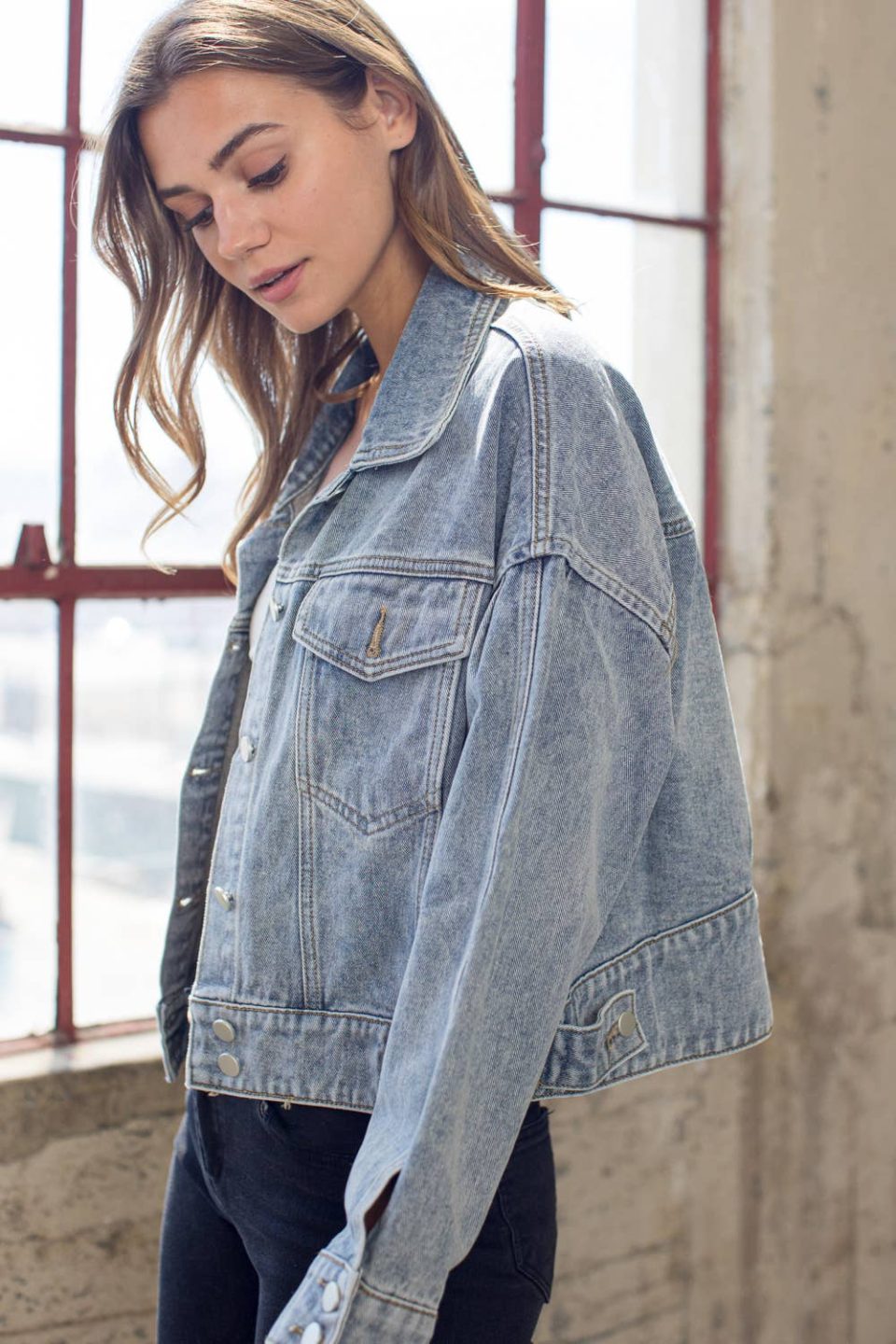 Crop Oversized Shirred Back Detail Denim Jacket