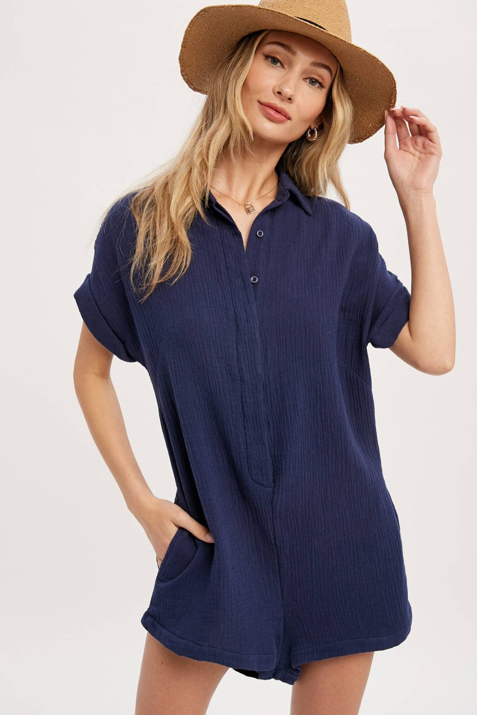 BUTTON UP SHIRT ROMPER WITH POCKET