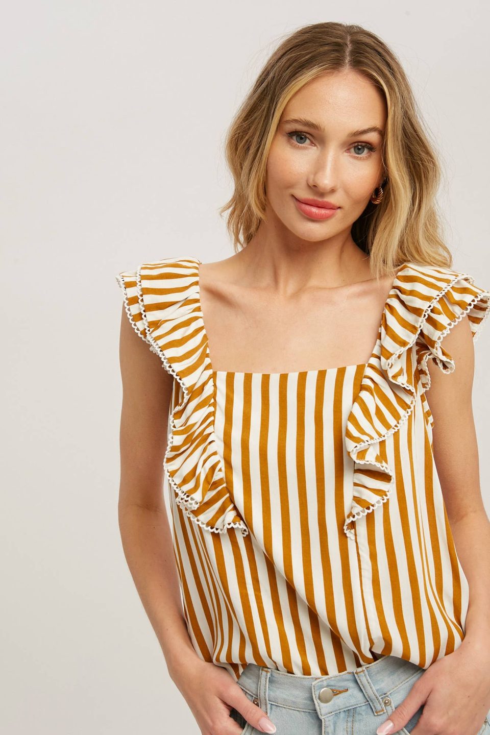 STRIPE SQUARE NECK FRILL BLOUSE GOLD