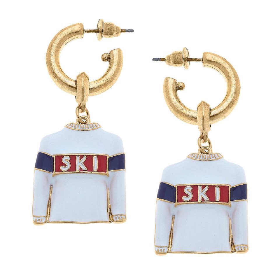 Aspen Ski Sweater Drop Hoop Enamel Earring in White