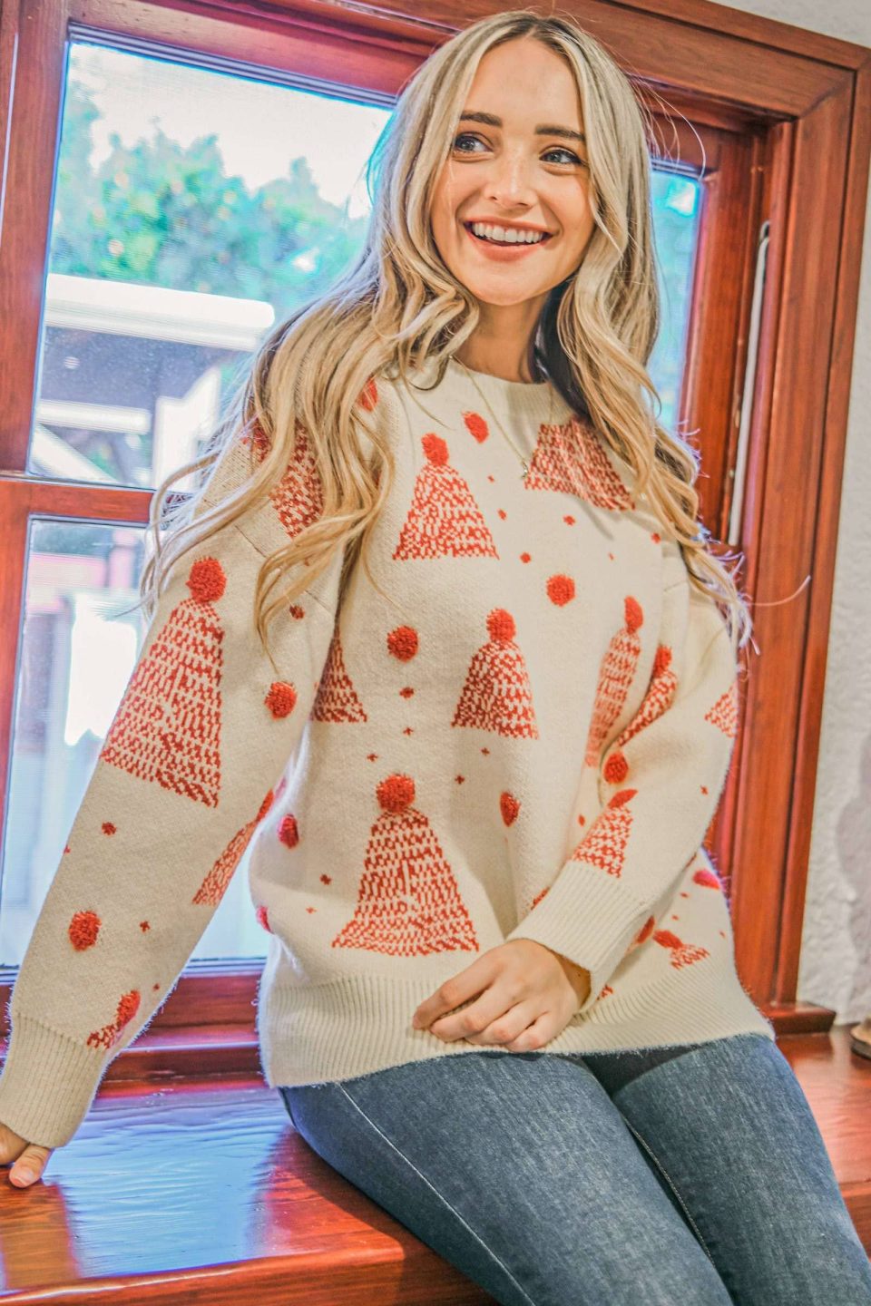 Holiday Tree Print Pompom Pullover Sweater Ivory