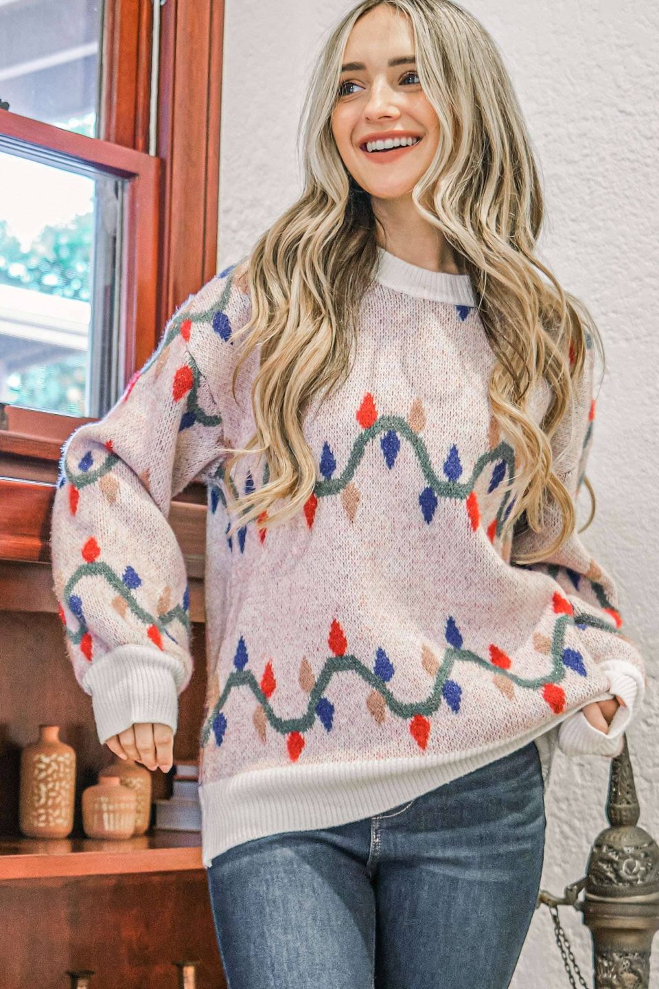 Christmas Light Garland Pullover Sweater Ivory