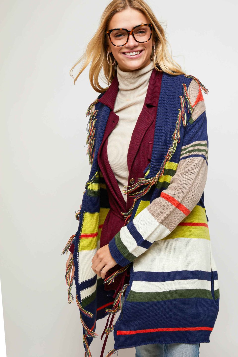 Striped Fringe Cardigan Navy