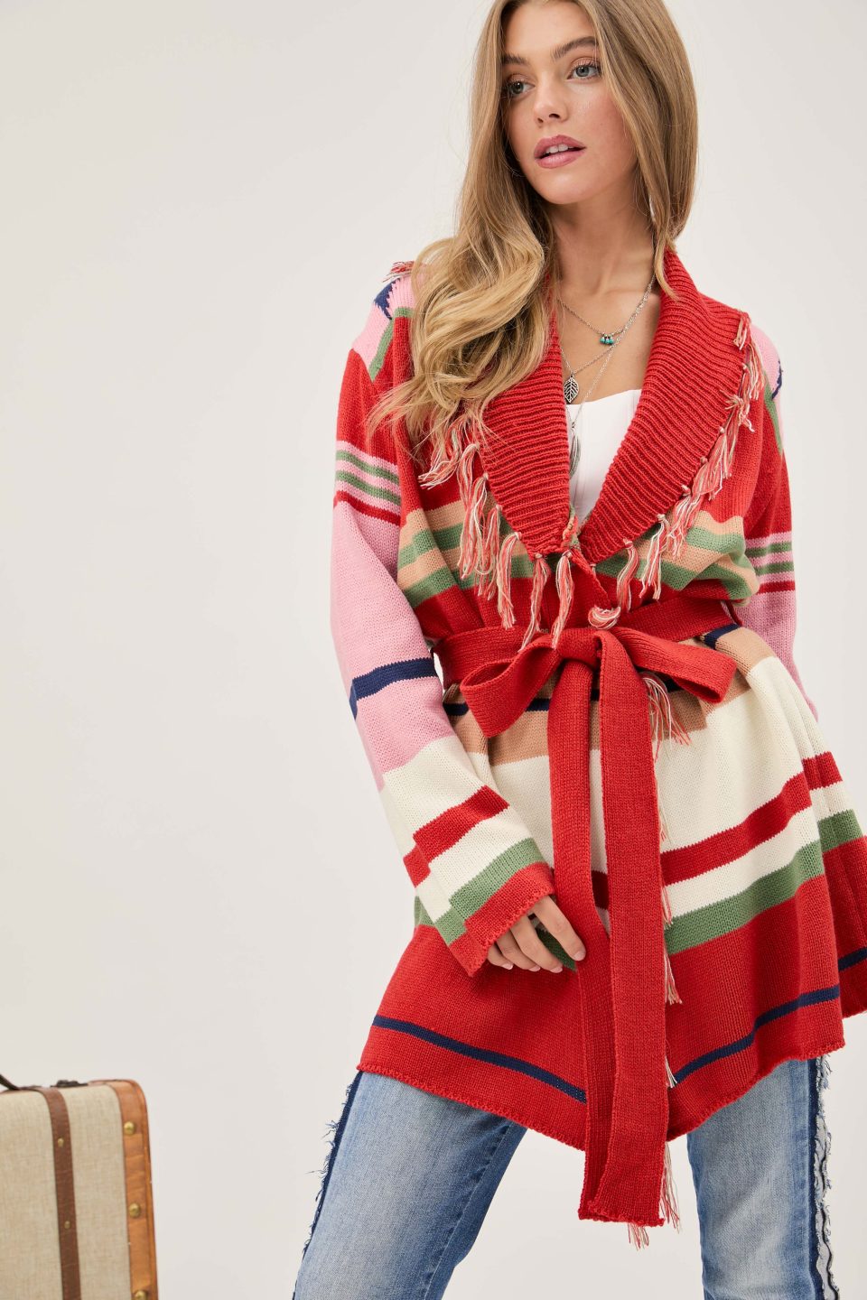 Striped Fringe Cardigan Rust Orange