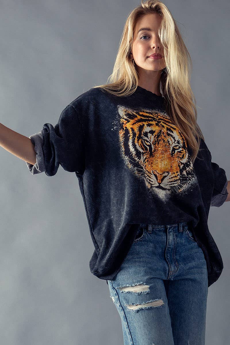 arbejdsløshed Skalk Grader celsius Acid Washed Tiger Face Graphic Sweatshirt Black - Harper + Hudson